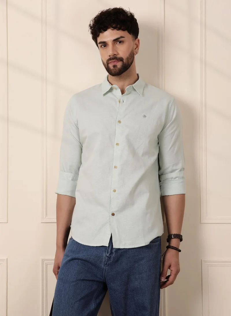 روجن Solid Linen Blend Shirt | Green